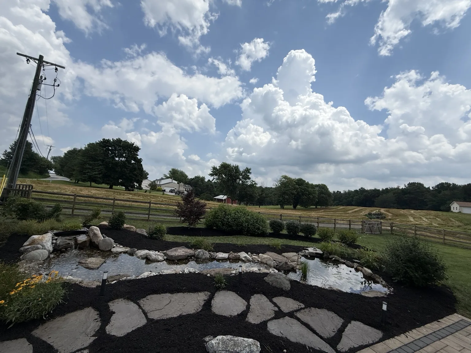 Finished pond landscape with stone path